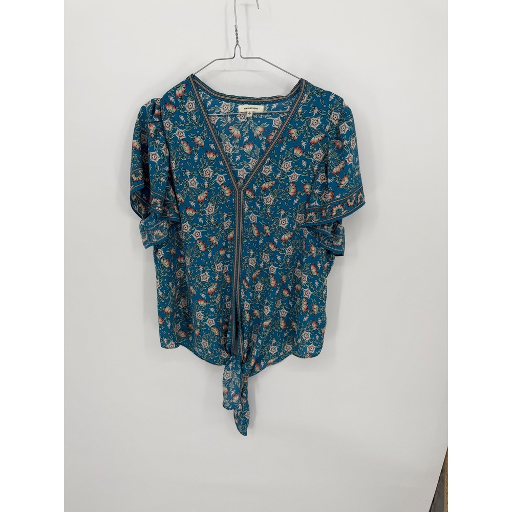 Max Studio Womens Blouse Floral Tie Front Flutter Sleeve Blue Size L